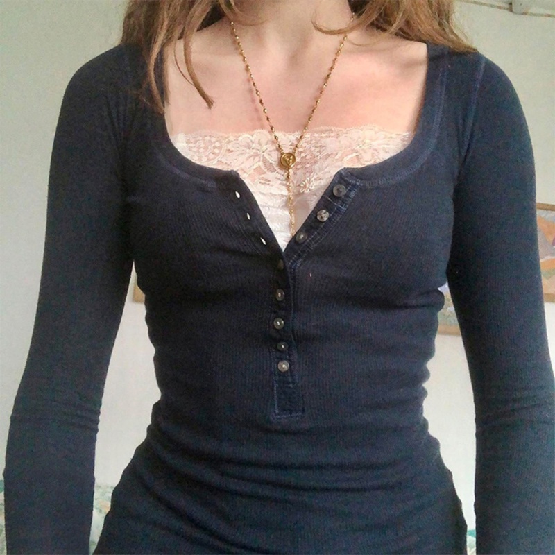 Áo Croptop Dệt Kim Tay Dài Cổ Chữ V Phối Ren Và Nút Thời Trang Cho Nữ