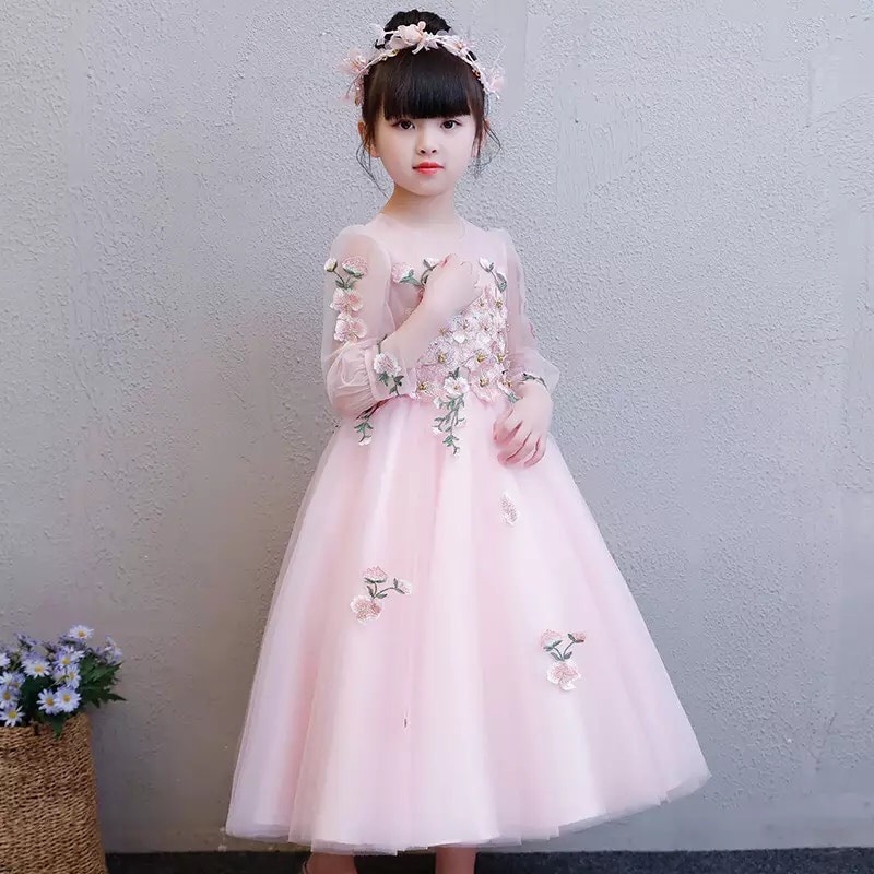 Đầm Hồng dài Ren Thêu cao cấp cho bé gái - AVALYA KIDS