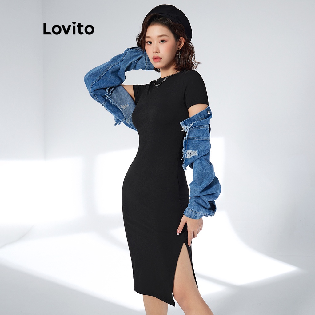 Đầm nữ Lovito cổ tròn cơ bản Split Thigh Basic L33AD085 (Đen)