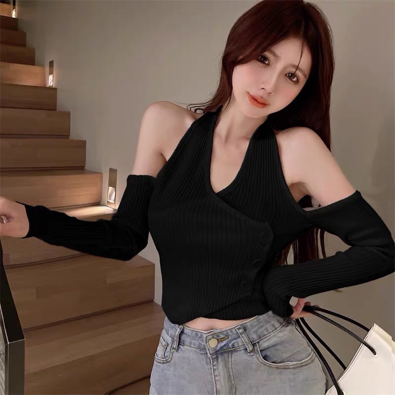 áo len dệt kim cổ yếm trễ vai mix khuy (37015-2#)