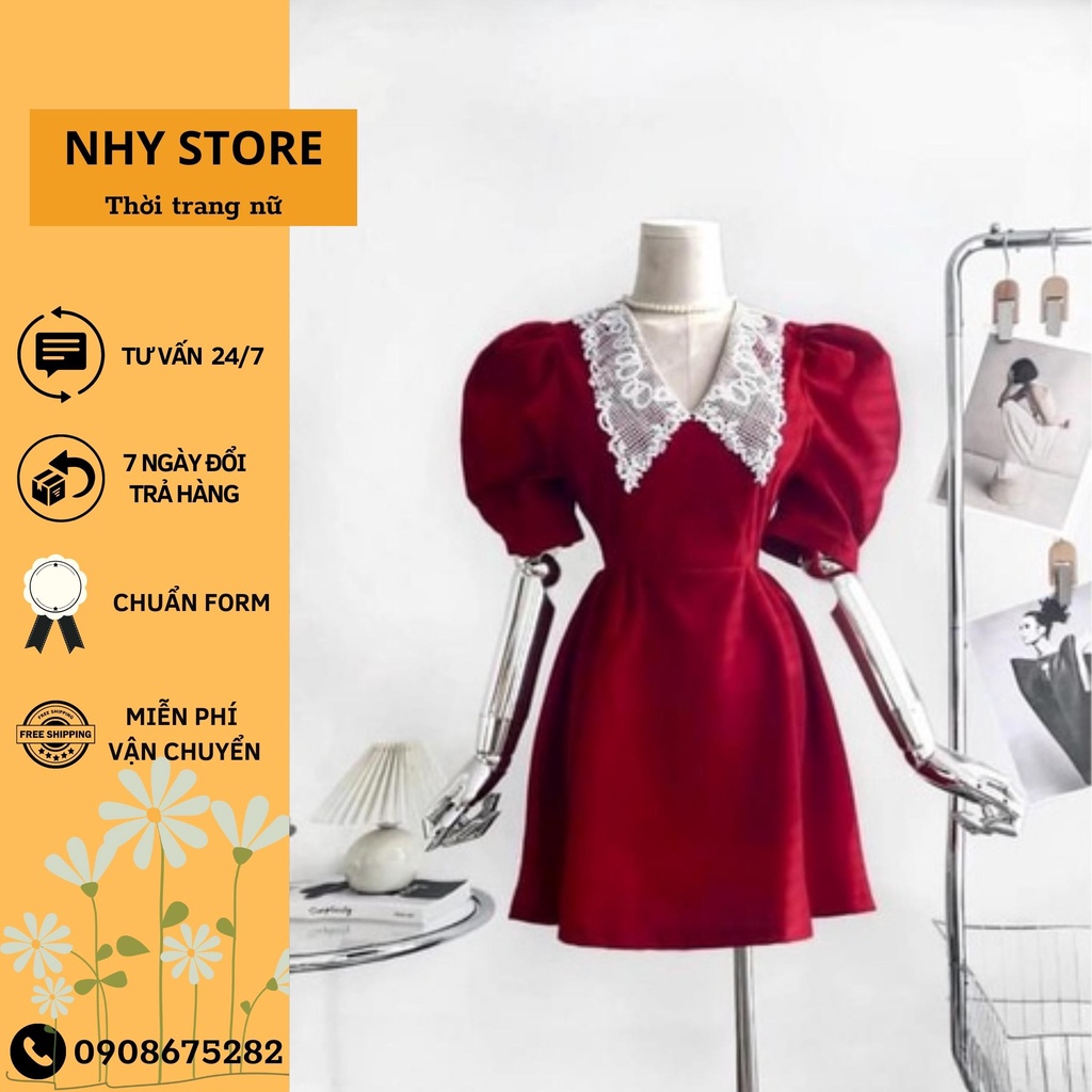 Đầm cổ ren tay bồng, váy nhung tiểu thư dáng xòe dày dặn mềm mịn loại 1 size 40-48kg
