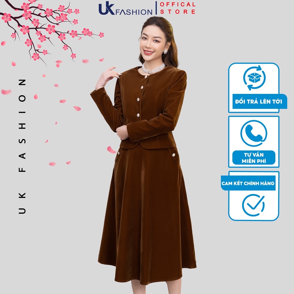 Set Áo Nhung Cổ Tròn Dáng Ngắn Kèm Chân Váy Xòe UK FASHION Phong Cách Sang Trọng Chất Vải Nhập Hàn Cao Cấp NKBD2211001