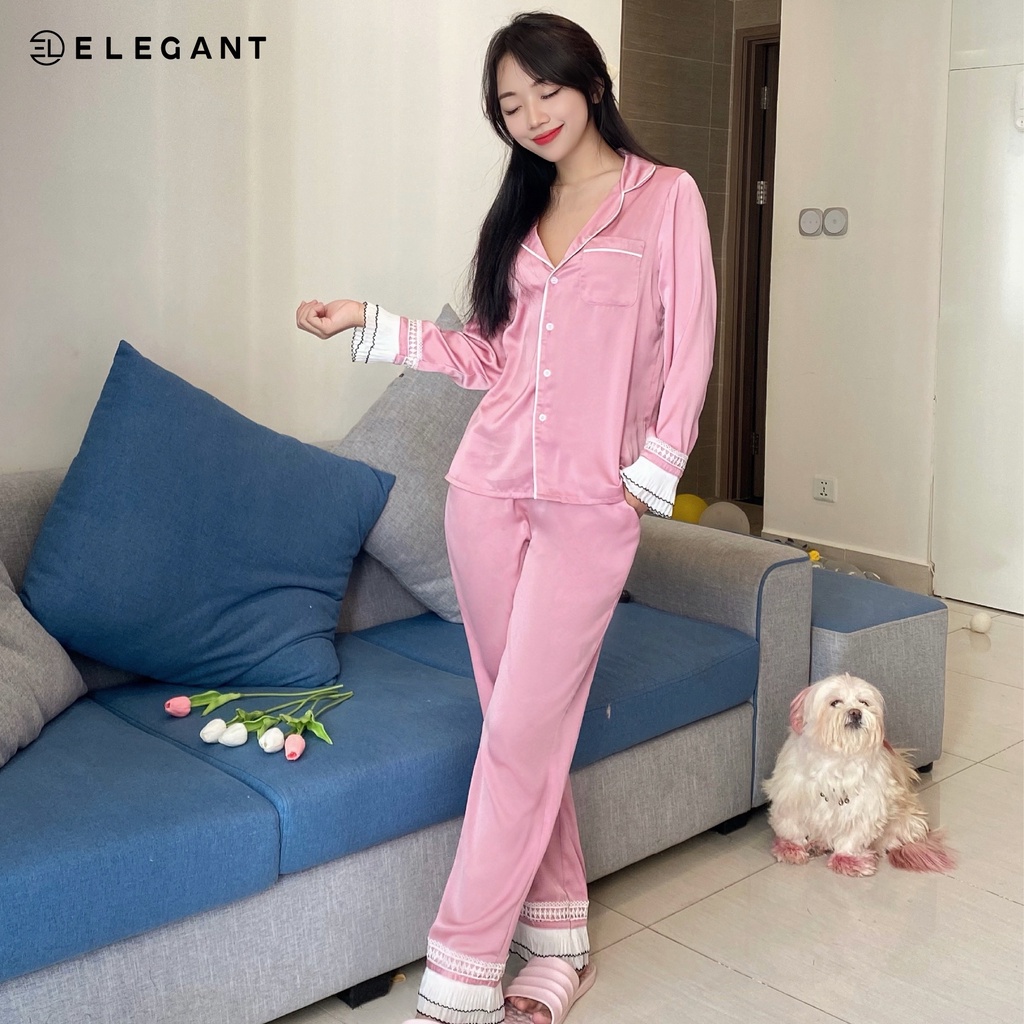 Bộ Ngủ Dài tay, Bộ Ngủ Lụa Cao Cấp ELEGANT - Bộ Đồ Ngủ Nữ Mặc Nhà Dài Tay Kiểu Dáng Ngọt Ngào EL2201