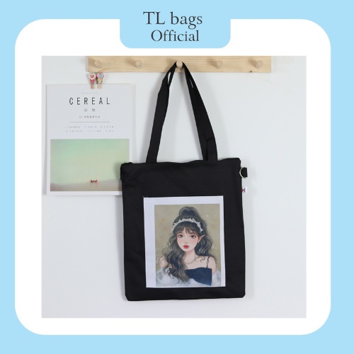 Túi tote, túi vải đeo vai, đi học đi chơi tiện lợi, màu đen dáng vuông, khóa kéo ngăn chính, in hình bên ngoài cute | BigBuy360 - bigbuy360.vn