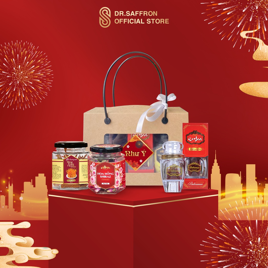 Hộp quà 2023 Saffron Bahraman + Đông trùng hạ thảo + Trà nụ hồng