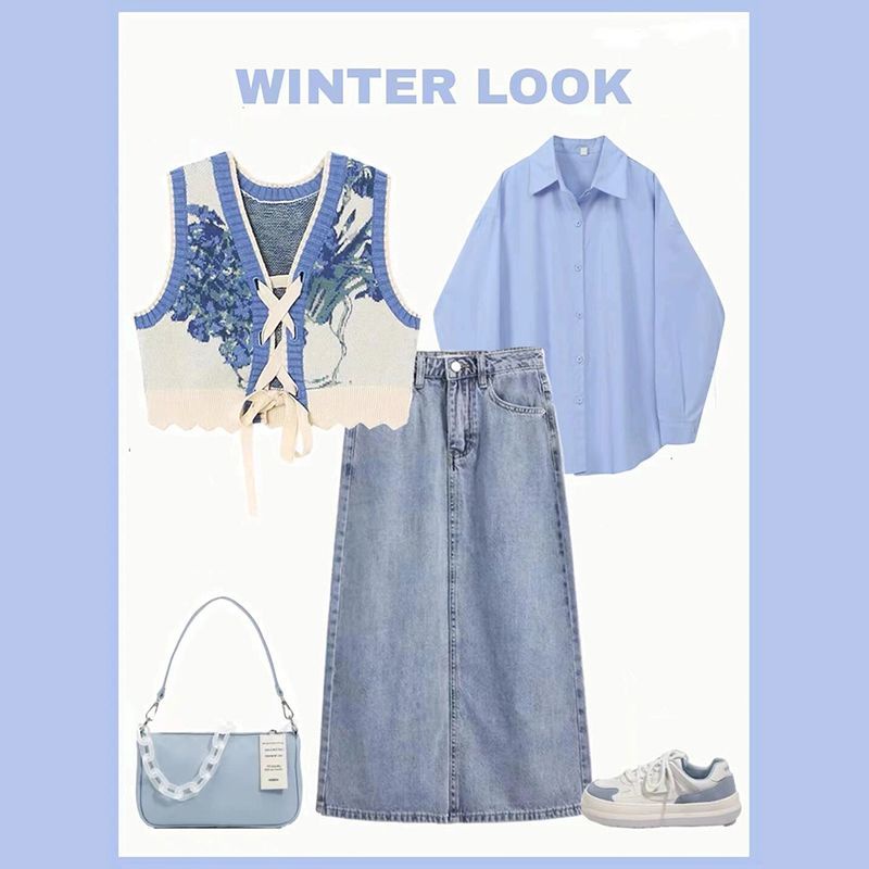 Set Áo Sơ Mi Cột Dây Phối Chân Váy Denim Lưng Cao Thời Trang Mùa Thu Xinh Xắn Cho Nữ