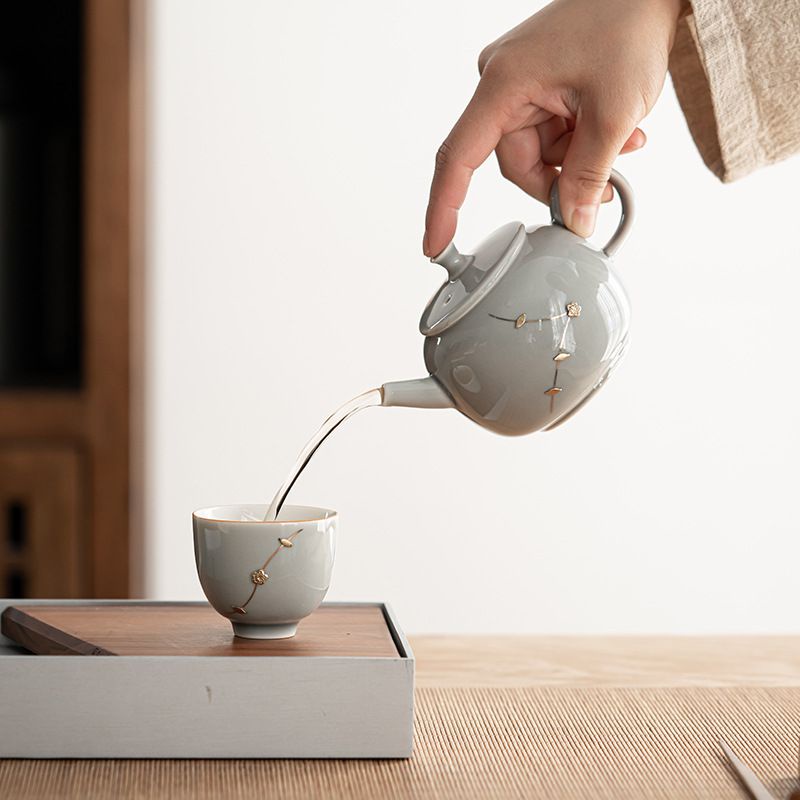 Ấm Trà Sứ Tráng Men Tro Tay Cầm Kiểu Nhật Bản Chuyên Dùng