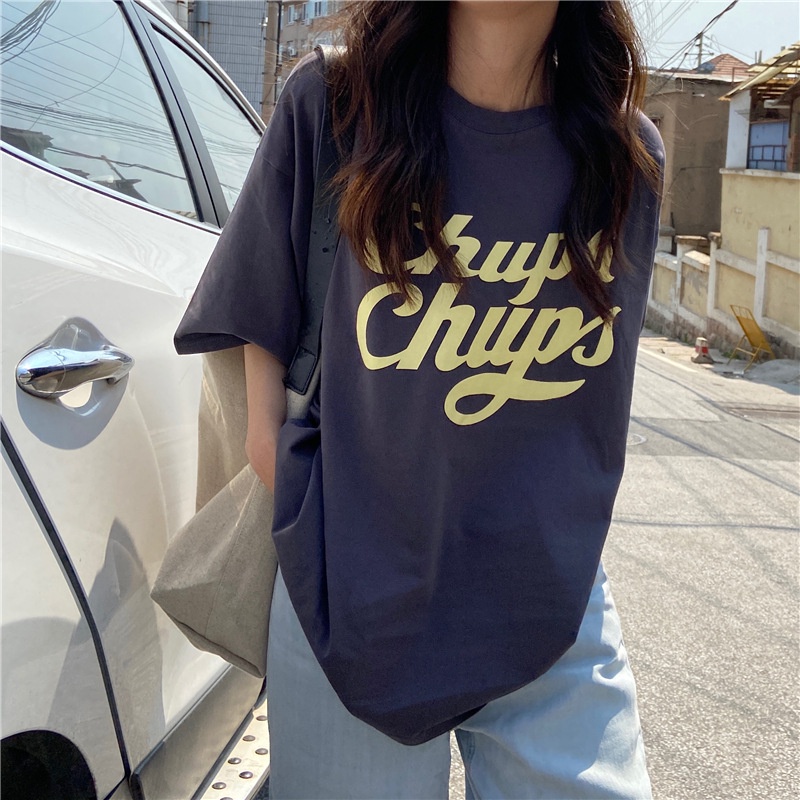 IELGY  IELGY Áo Thun Tay Ngắn Dáng Rộng In Chữ Phong Cách Mỹ Thời Trang Cho Nữ