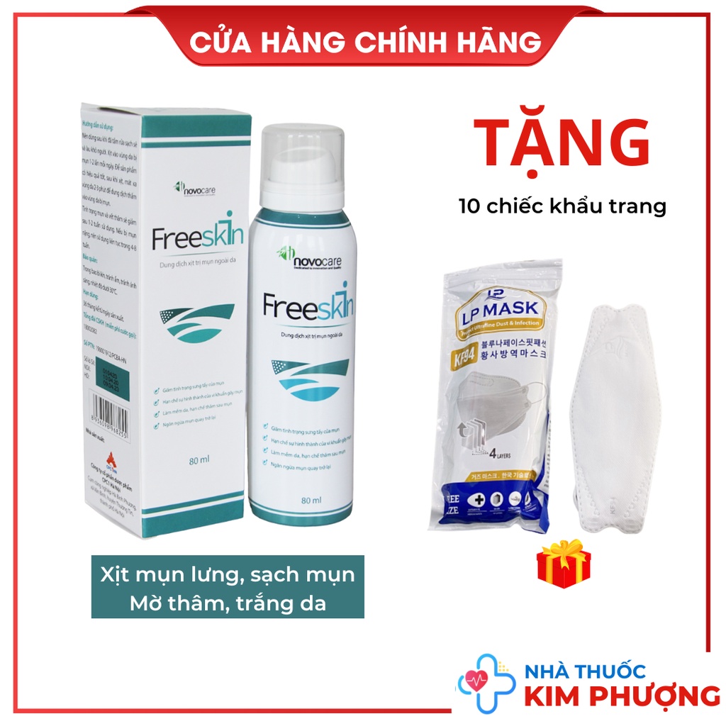 Xịt FreeSkin mụn lưng, ngực, mông chai 80ml, hỗ trợ giảm mụn, mờ thâm, sáng da Novopharm