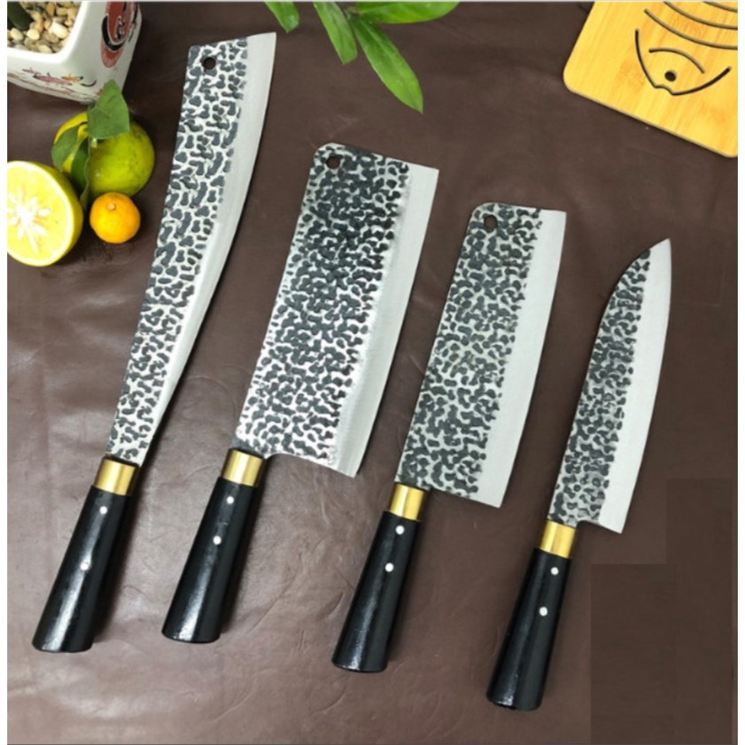 Bộ Dao Nhà Bếp - Rèn Từ Thép Nhíp Dập Vân 2 Mặt, Dùng Chặt Cây, Chặt Xương, Thái Lọc Thịt