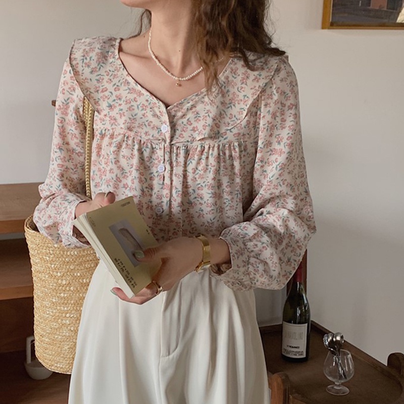 Áo sơ mi SUXI tay dài dáng rộng cổ búp bê in hoa thời trang cho nữ