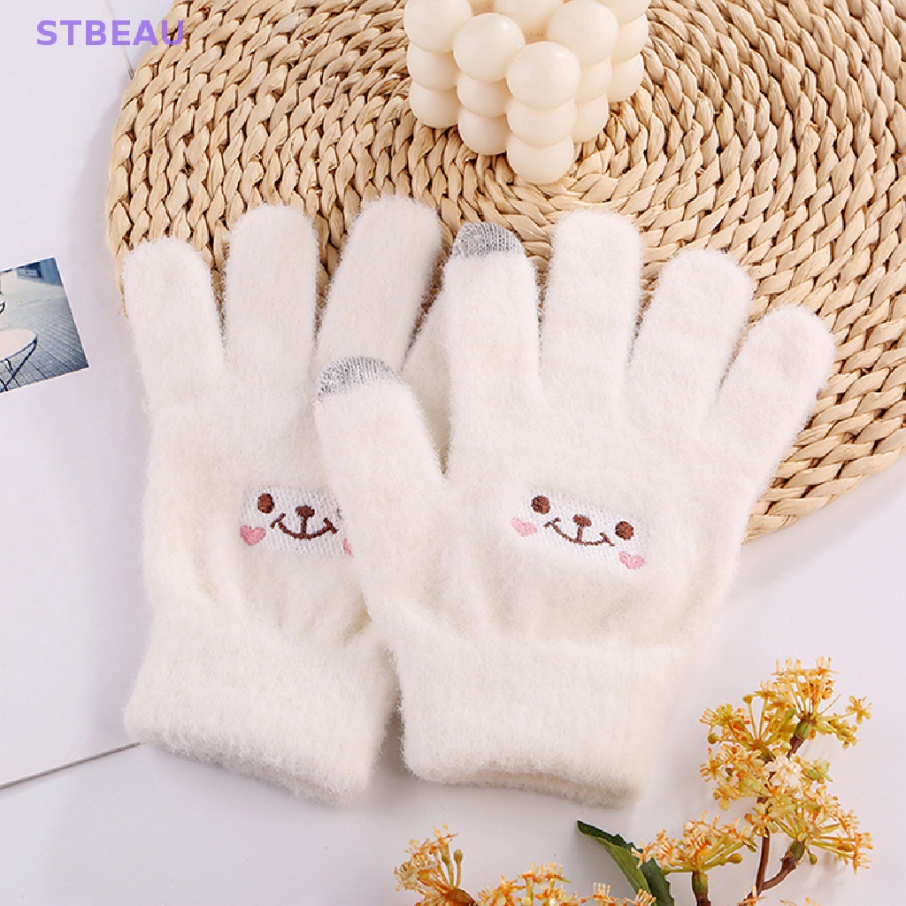 1 Đôi Găng Tay Năm Ngón Bằng Vải Lông Giữ Ấm Mùa Đông In Hình Mặt Cười Dễ Thương Cho Nữ