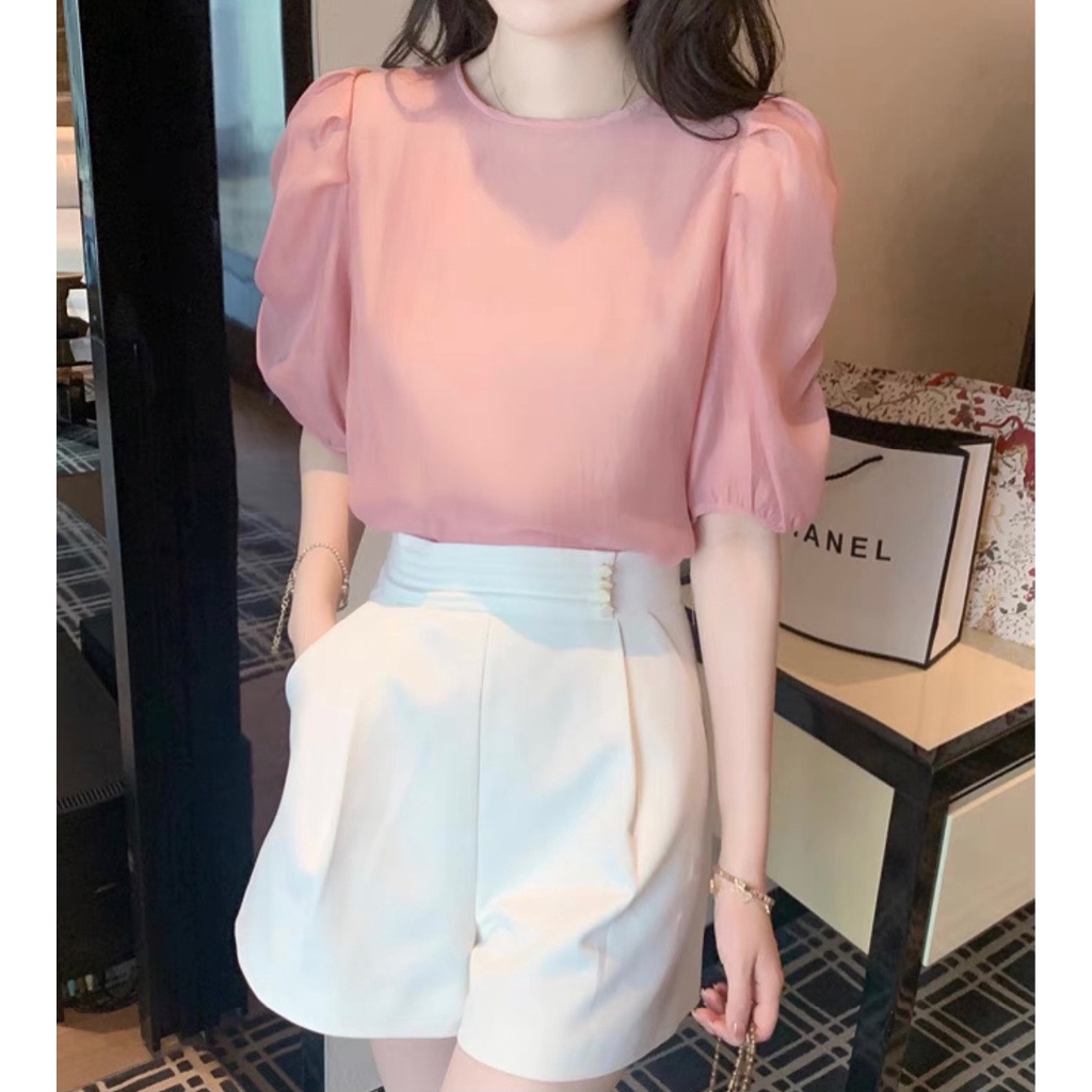 Áo Sơ Mi trung niên nữ U30 U40 U50,Áo Nữ Cổ Tròn Tay Phồng Thanh Lịch HT_ Thời Trang Trung Niên