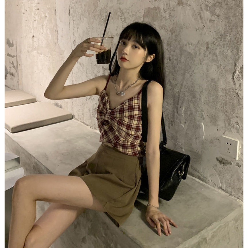 Set đồ nữ gồm áo kẻ sọc ca rô + quần short xinh xắn