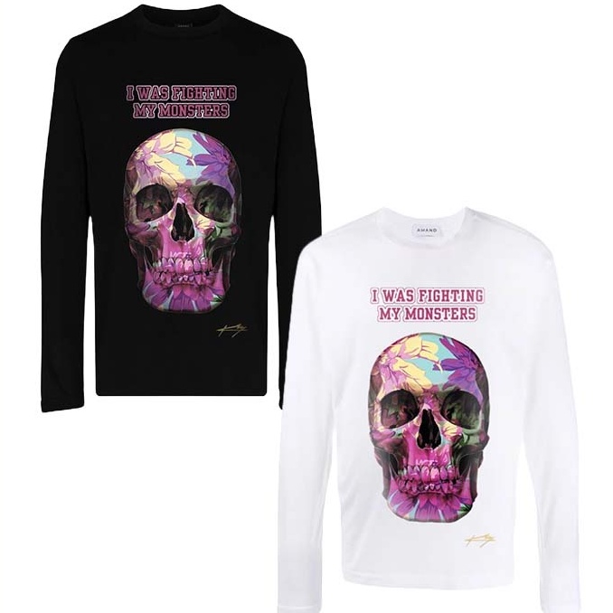 Áo thun Amand Unisex Floral Skull Long Sleeve T-shirt - Black/White
