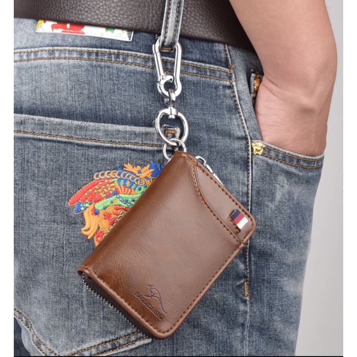 Ví Da Nam Đứng Đựng Chìa Khóa Xe Hơi Đa Năng Nhiều Khe Thẻ Ngăn Để TiềnTiện Lợi Có Khóa Kéo An Toàn Chống Trộm RFID