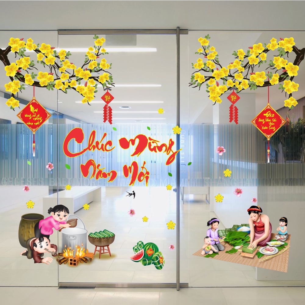 Decal tết cao cấp cành mai vàng bên nồi bánh chưng - Decal dán kính dán tường có keo sẵn giá rẻ siêu đẹp