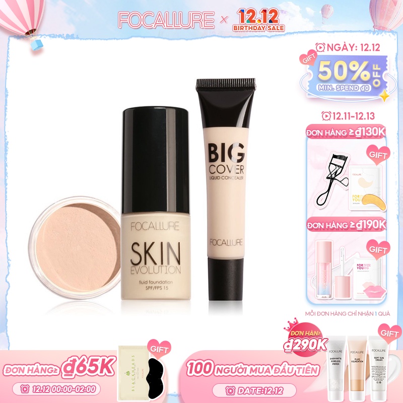 FOCALLURE gồm kem nền kem che khuyết điểm phấn phủ thời trang Bộ sản phẩm