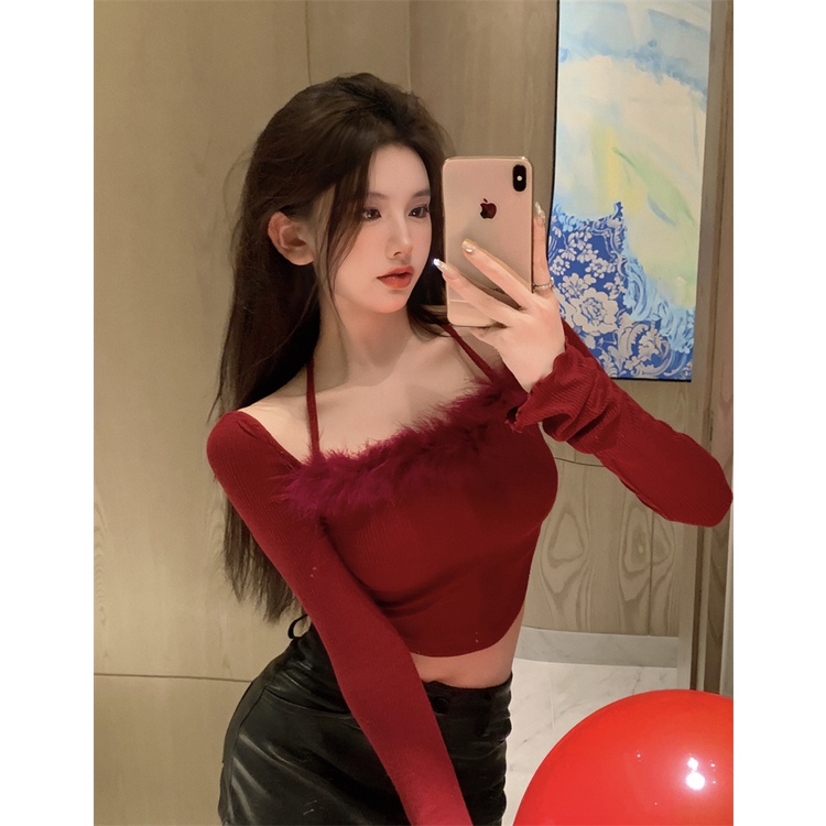 Áo Sweater Dệt Kim Tay Dài Cổ Phối Lông Thú Ấm Áp Xinh Xắn Cho Nữ