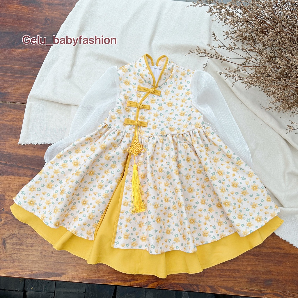 Áo dài cổ tàu cho bé gái GELU KIDS chất liệu nhung text Hàn cao cấp mix tơ ánh nhũ, váy đầm đi chơi, mặc tết - B102