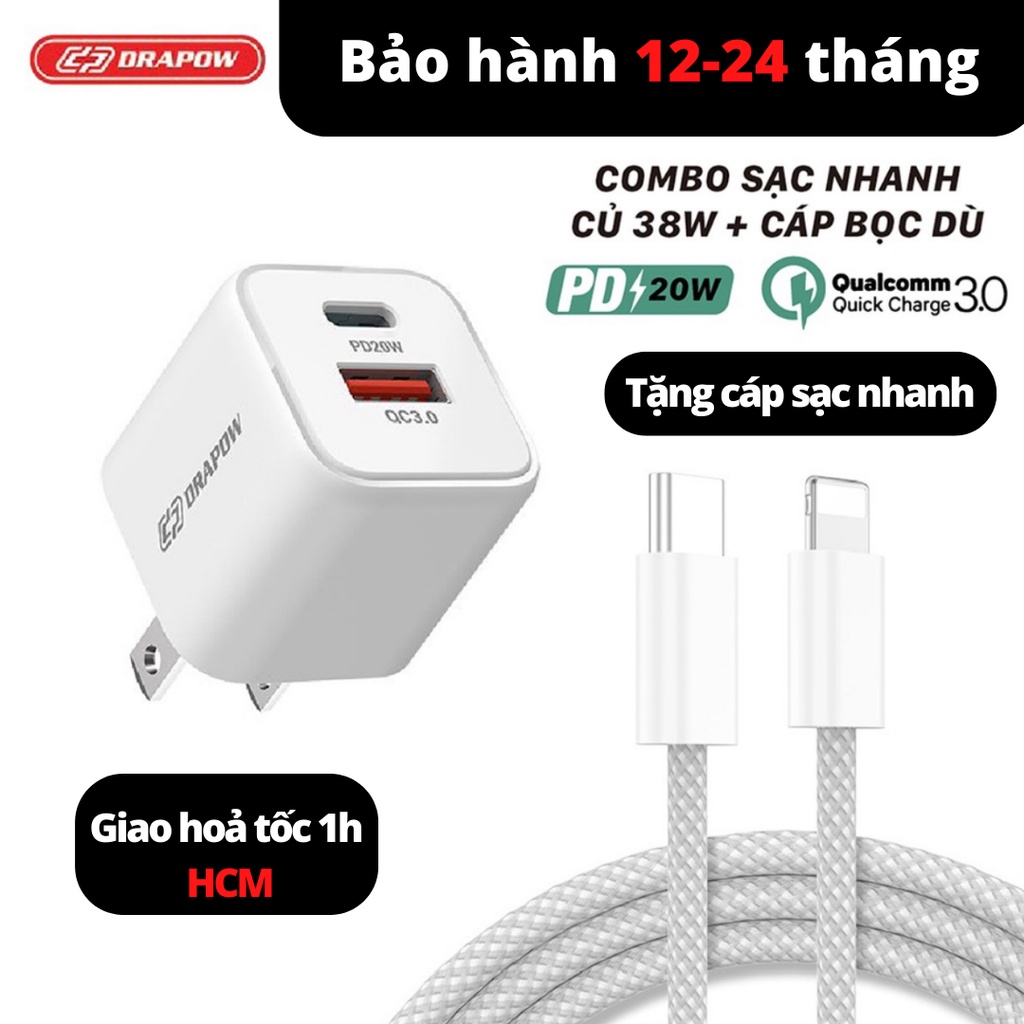 Bộ củ sạc nhanh GA20 CHÍNH HÃNG DRAPOW 38W Adapter-USB C PD 20W QC 3.0 18w cho IPhone và android - an toàn chống cháy nổ