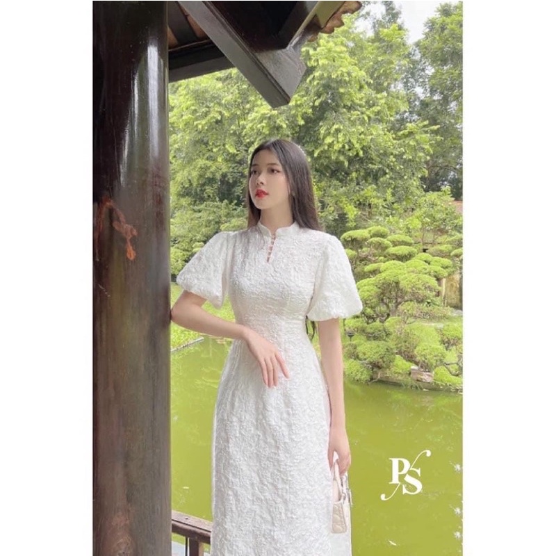 [ 𝐅𝐑𝐄𝐄 𝐒𝐇𝐈𝐏 ] Set áo dài hoa nổi tay bồng siêu phẩm về phiên bản màu trắng  Vải hoa xốp nổi QC cao cấp chuẩn y mẫu, cúc