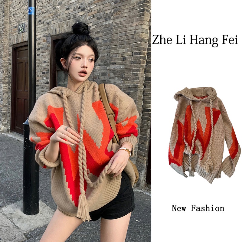 ZHELIHANGFEI Áo len dài tay có mũ trùm đầu Vintage áo len american không phồng