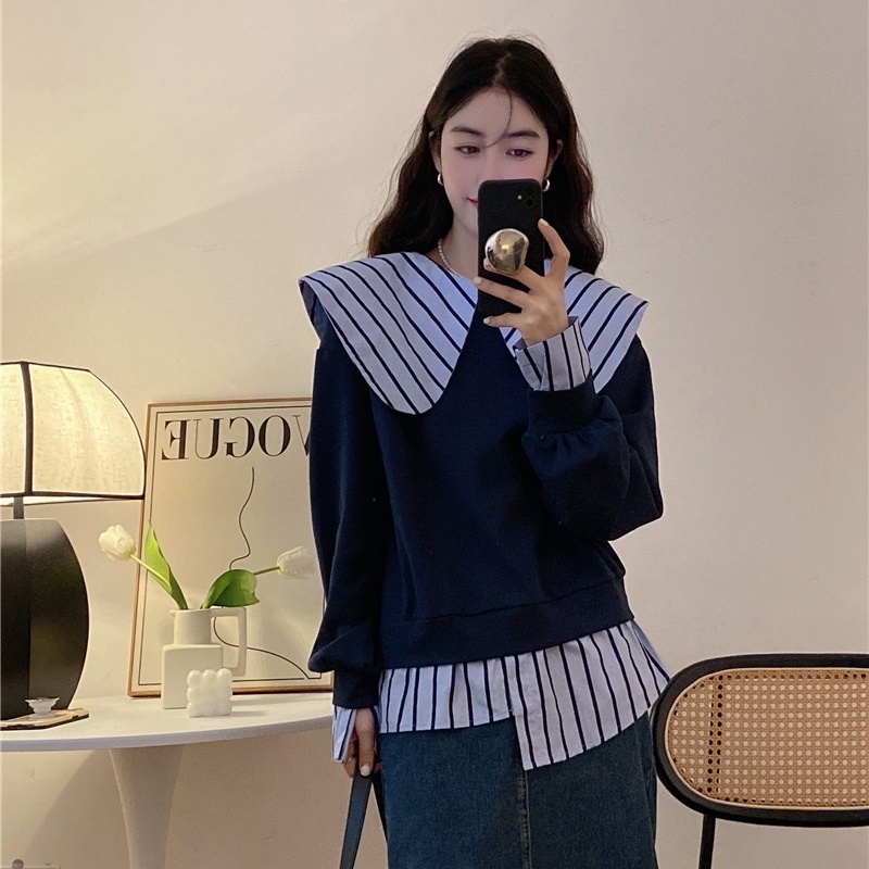 Áo Hoodie Giả Hai Lớp Cổ Búp Bê Kiểu Hàn Quốc Dáng Rộng Mới Cho Nữ