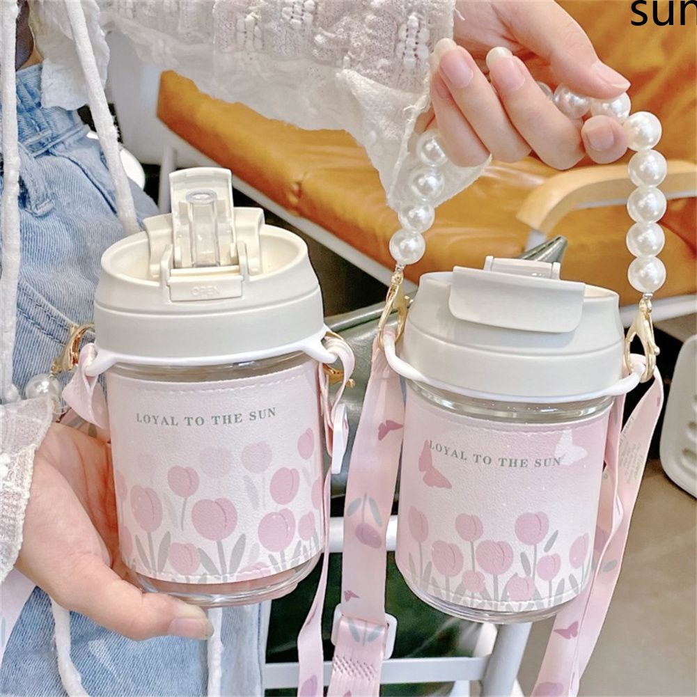 Bình Nước Thủy Tinh Tulip Có Nắp Đậy Có Dây Ống Hút Cho Bé Gái Ly Sữa Nước Ép Cà Phê 400Ml Dễ Thương Bình Uống Nước Cầm Tay-Sun. Vn