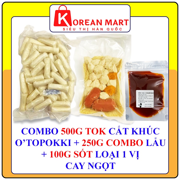 Combo 500g bánh gạo cắt khúc gói trắng + 250g combo gồm xúc cich, chả cá, cá viên + 100g sốt nấu tokbokki