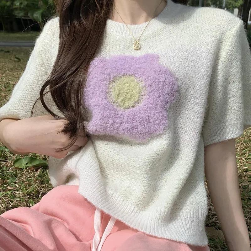 Áo sweater ZHELIHANGFEI ngắn tay cổ tròn thêu hoa phong cách Hàn Quốc | BigBuy360 - bigbuy360.vn