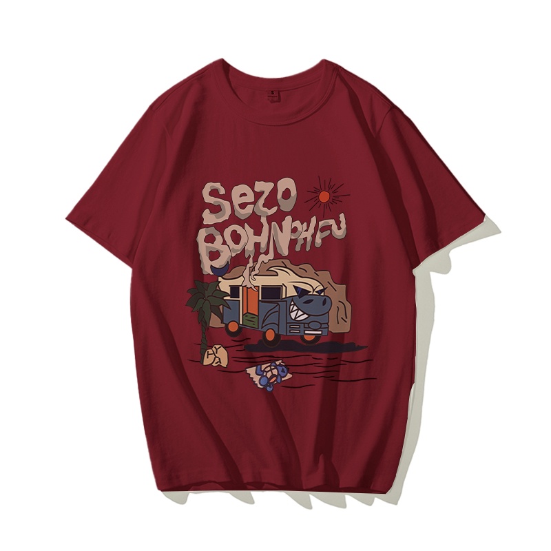 NUZIRO Áo Thun cotton Ngắn Tay Dáng Rộng In Chữ  Burgundy Phong Cách vintage Cho Nam