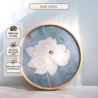 Tranh hoa sen tròn khung gỗ loại 1, tranh hoa sen canvas treo tường trang trí phòng khách, phòng thờ, phòng thiền