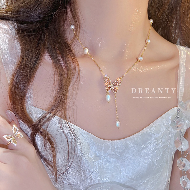 Dây Chuyền Mặt Hình Bướm Đính Ngọc Trai Thời Trang Dành Cho Nữ