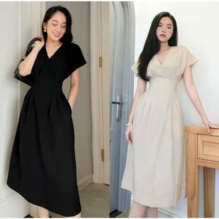 Đầm Dự Tiệc Thiết Kế Xếp Li Eo Tôn Dáng 2 Màu Đen, Nude Chất Vải Linen HNK347