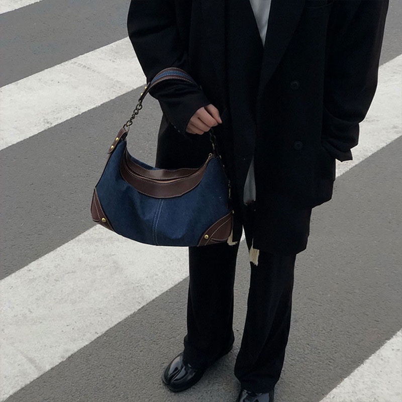 Túi xách đeo vai SUPERCUTE denim màu tương phản phong cách cổ điển thời trang cho nữ