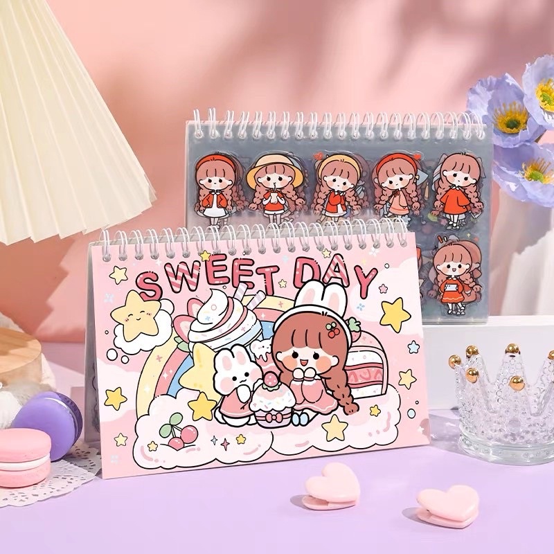 Sticker Dạng Lịch Hình Thỏ Gấu Siêu Dễ Thương - Quyển sticker 27 Trang có Giấy Nền Màu Pastel Hình Dán Trang Trí Sổ