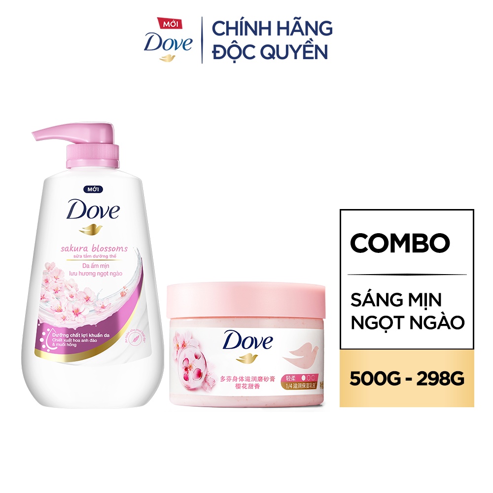 Combo Sữa tắm Dưỡng thể Dove 500g Da Mịn Hương Hoa 500g + Tẩy Da Chết Dưỡng Ẩm Dove Hương Hoa Anh Đào/ Lựu Đỏ 298g