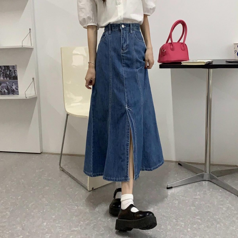 (HÀNG SẴN) Chân váy Jeans đuôi cá form rộng - Chân váy Jeans xẻ tà