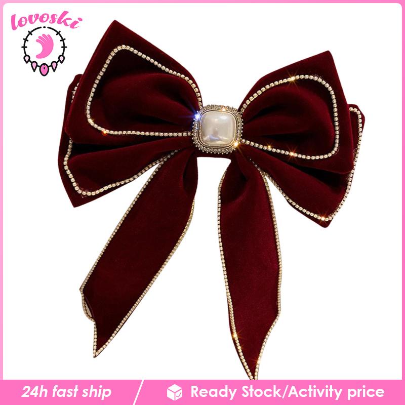 Kẹp Tóc Nơ Đính Đá Đuôi Dài Phong Cách Vintage