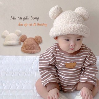 Mũ len lông cừu tai gấu tròn cute cho bé trai bé gái