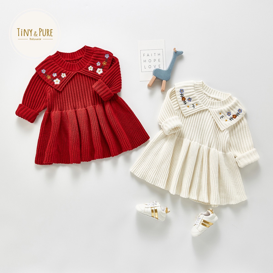 Váy len xòe dài tay cổ thêu hoa cho bé gái 6M - 3Y tiny&pure DR003