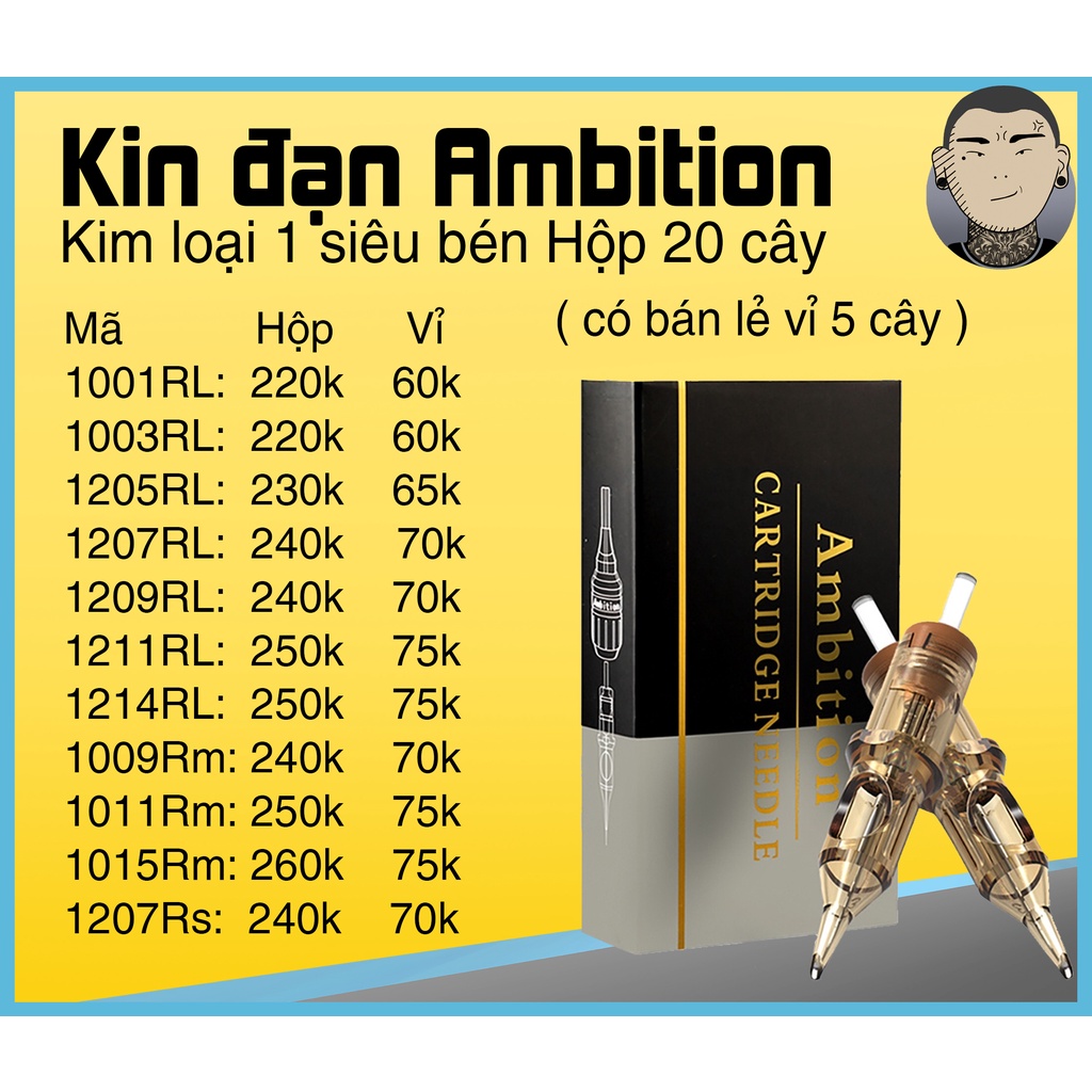 Kim đạn Ambition Đủ Mã - Máy pen và Rotary - Giá 1 Hộp 20 Cây Tiệm Xăm Thiên Đường