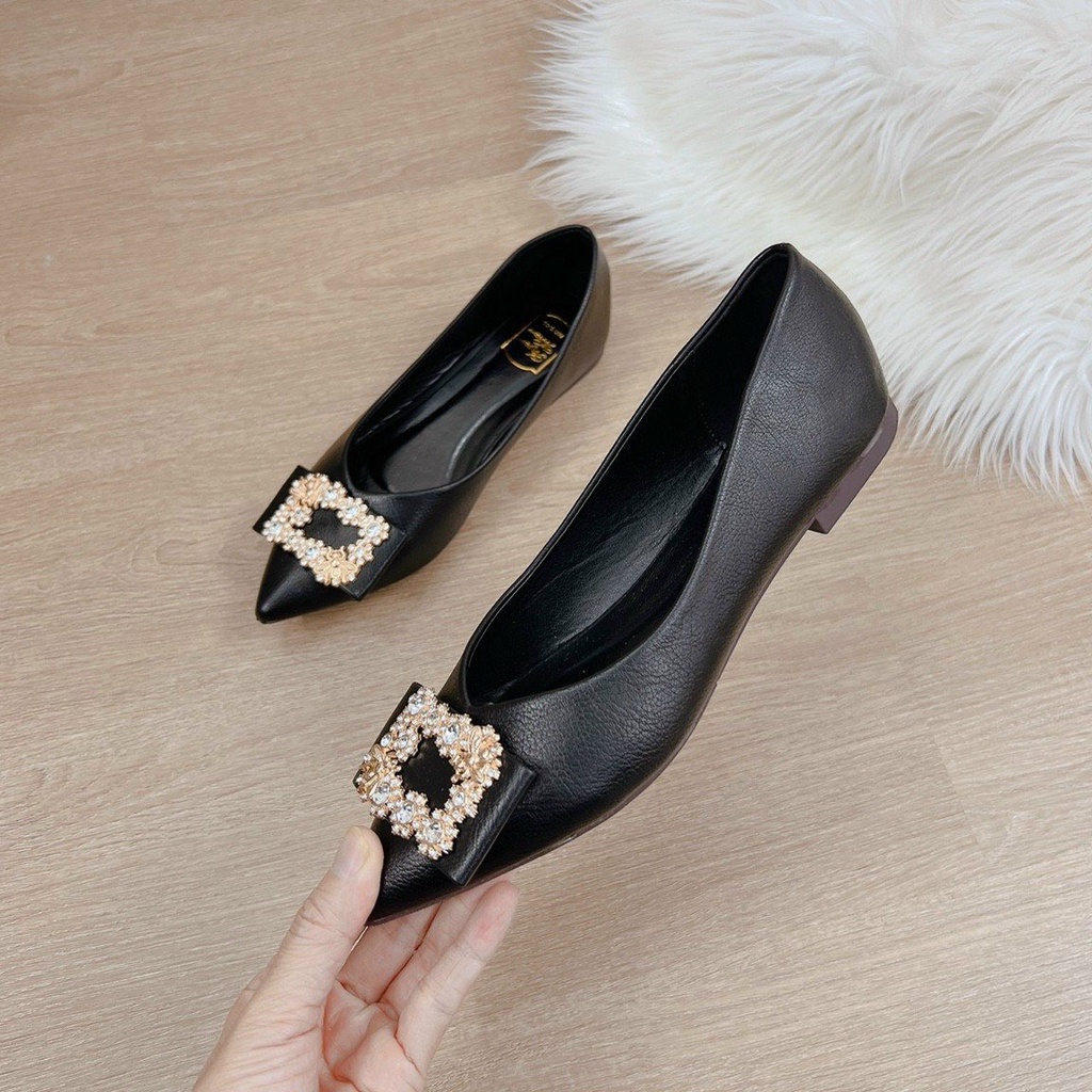 Giày búp bê mũi nhọn phối khóa vuông chất da mềm đế dẻo đi cực sang mã K35