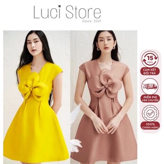 Đầm lụa xòe thiết kế tay ngắn cổ tim phom chữ A đính hoa trước ngực (có nhiều size và màu)