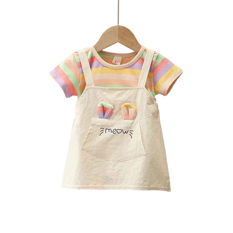 Đầm Hai Dây Họa Tiết Tai Mèo Hoạt Hình Kẻ Sọc Thời Trang Xuân Hè Cho Bé Gái