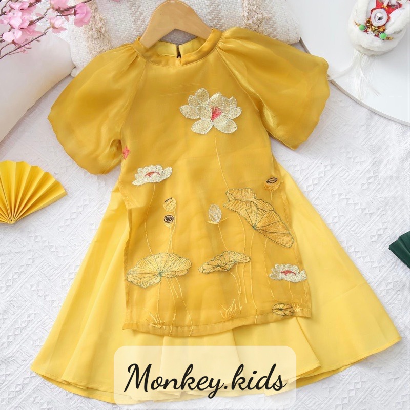 Sét áo dài cách tân cho bé gái thêu hoa sen cho trẻ em ful size 2-9 tuổi