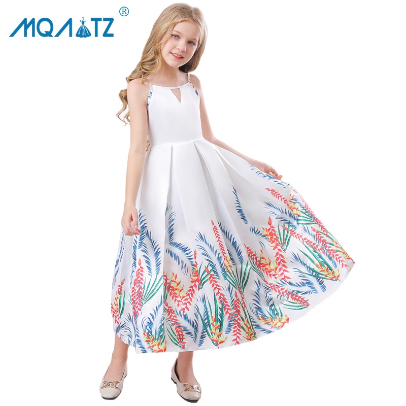 Đầm dự tiệc MQATZ hai dây dáng dài màu trắng in họa tiết xinh xắn cho bé gái 5-12 tuổi