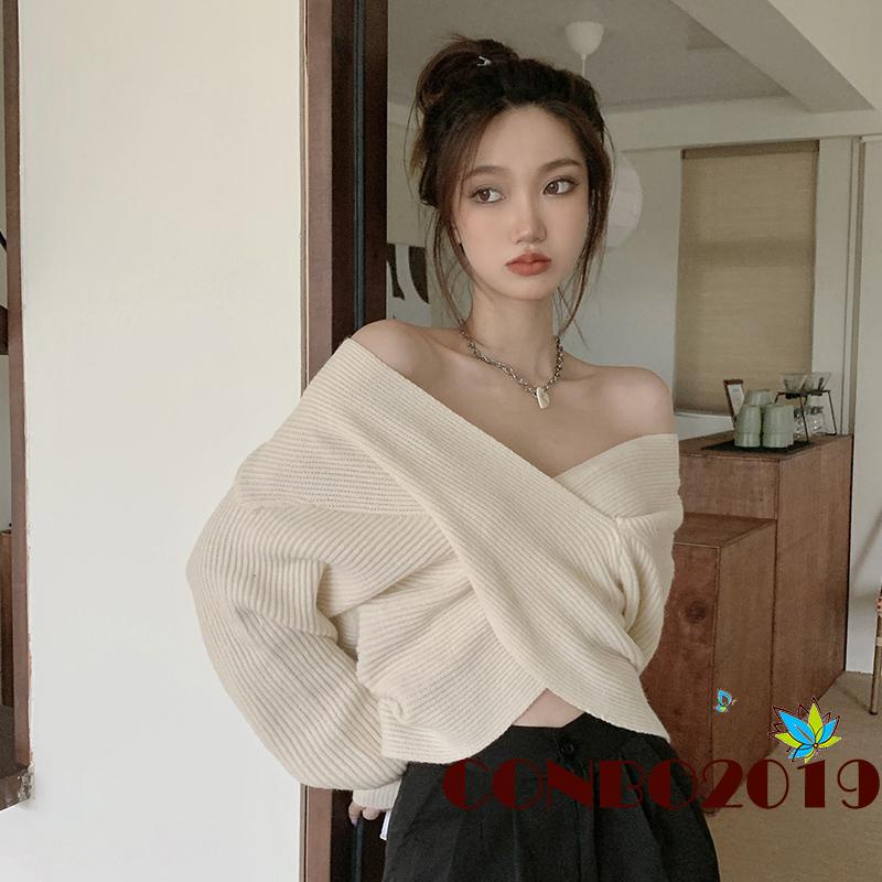 Áo Sweater Dệt Kim Tay Dài Màu Sắc Đơn Giản Cho Nữ