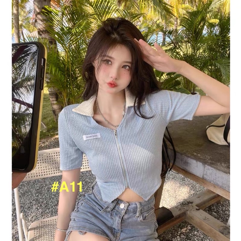 Áo Croptop Tay Ngắn Cổ Bẻ Phối Khoá Kéo Phong Cách Hàn Quốc #A11